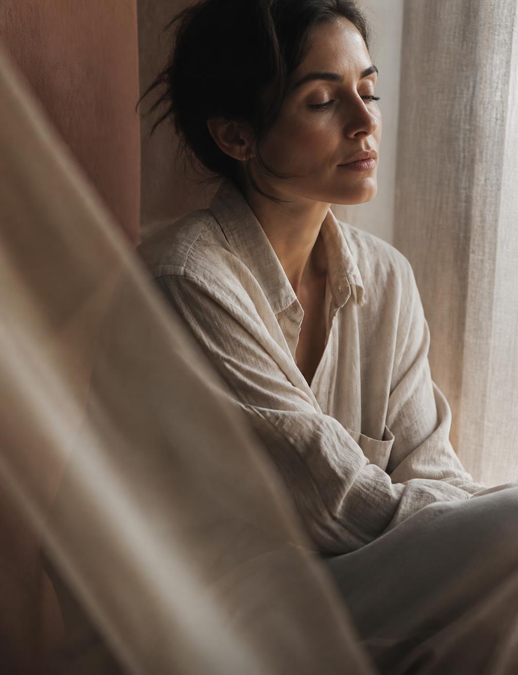 Mujer en un momento de introspección junto a la ventana